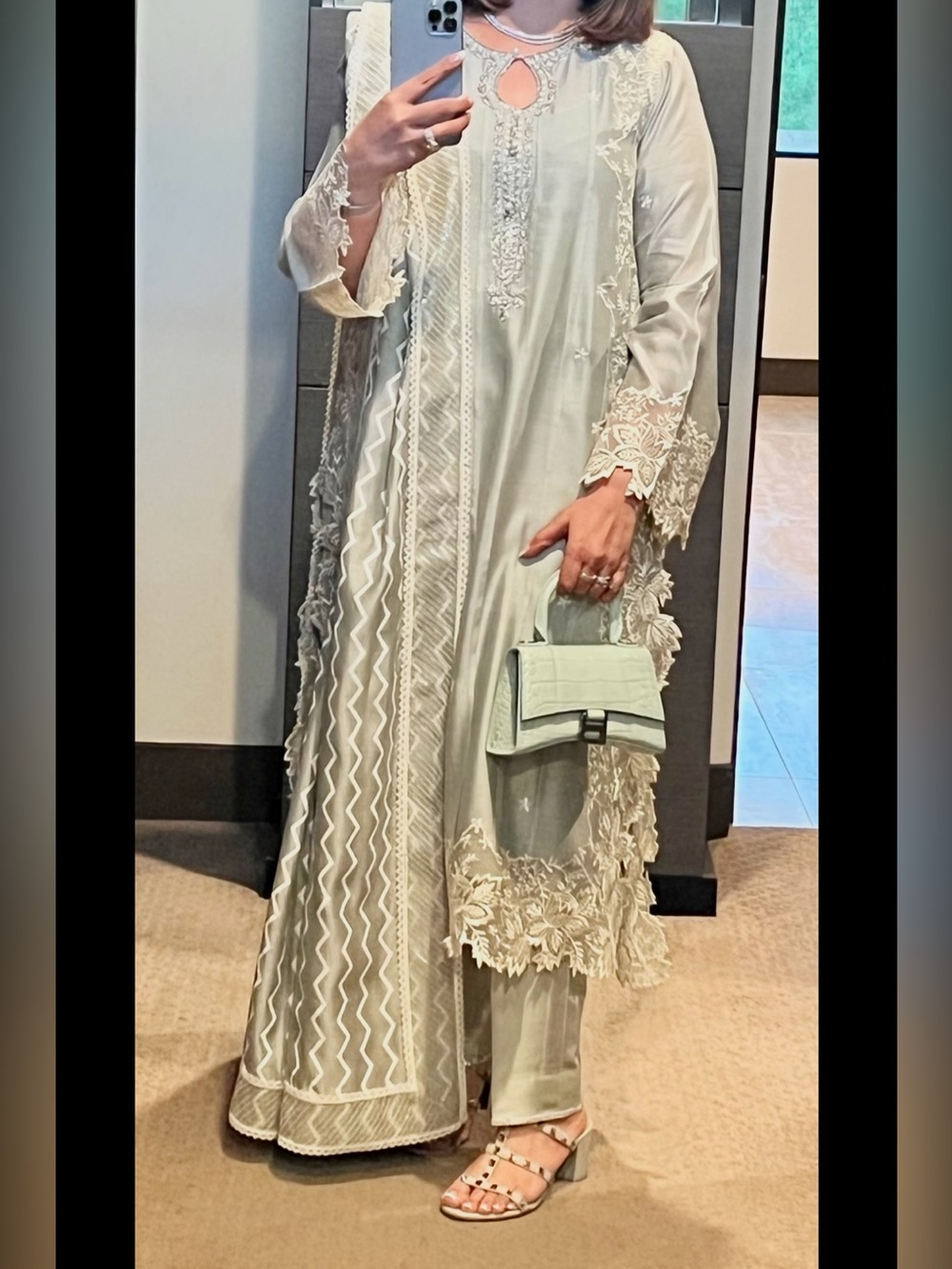 Embroidered Ivory Lace Maxi Dress with Matching Scarf